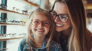 A woman and a young girl with eyeglasses smiling and looking at the camera in an optical shop