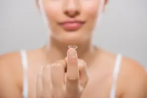 A woman wearing a white sleeveless top is holding a contact lens in her left hand and pointing at it with her right hand. She is probably looking at it while posing for a photo.