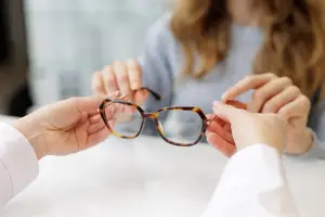 A person is holding a pair of glasses and examining them closely.
