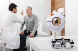 A doctor is examining the eyes of a patient with a device on a table in front of them
