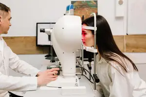 An adult male and female in white lab coats in a room with a computer and monitor, the female is getting her eyes checked with an eye exam machine