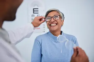 A woman smiles while adjusting glasses with a doctor, showing her improved vision in an eye care setting.