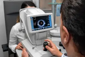 A man adjusts a device in front of a woman sitting in a chair in an office, while a monitor displays an eye diagram