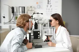 A woman with glasses looks through a microscope while a man with glasses looks at her in an optometrist's office.