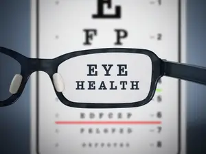 Black frame glasses with white lenses, the word Eye Health is visible on the lenses, in front of an eye chart