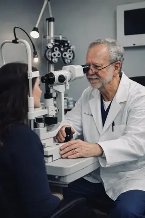 An old male doctor is examining a young girl's eyes using an ophthalmoscope