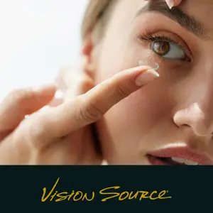 Woman adjusting contact lens in front of her eye with text overlay
