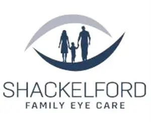 Logo for Shackelford Family Eye Care, featuring a crescent moon shape with a silhouette of a family inside