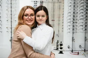 A smiling woman with glasses and a young girl in a white shirt are hugging each other in front of a wall of glasses.