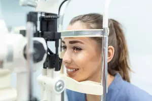 A woman is smiling and looking into an eye exam machine in an indoor area, probably in a clinic.