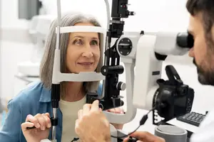 An older woman having her eyes checked by a male doctor using a machine