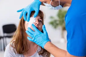 A woman is having her eye examined by a doctor wearing gloves and a mask
