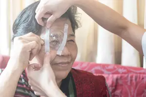 Elderly woman wearing an eye patch while another person applies a bandage to her eye.