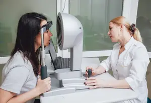 A woman is having her eyes examined by an optometrist in a medical setting