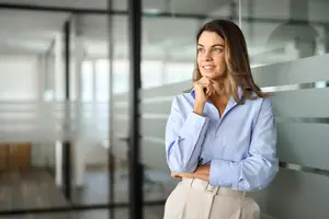 businesswoman outside of conference room 