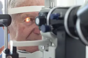 An elderly man with white hair is looking through an ophthalmoscope in a clinic