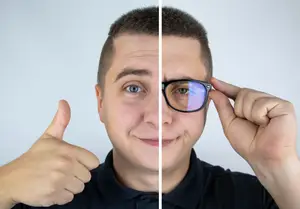 A man is adjusting his glasses and giving a thumbs up