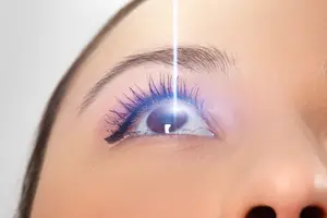 A woman's eye is being examined with a laser light