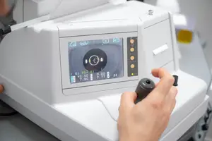 A person is using a medical device that appears to be an eye examination machine.