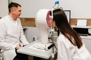 A woman is having her eyes examined by a man in a lab coat.