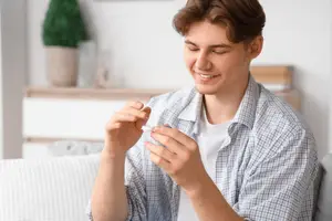 A smiling young man holding a small white bottle of medicine in his hands