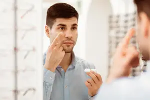 A man in a blue shirt is examining his face in a mirror while holding a white object in his hand.