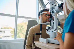 Man getting his eyes examined by a woman using a ophthalmoscope