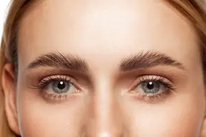 Close up of a woman's face with well-groomed eyebrows and eyelashes