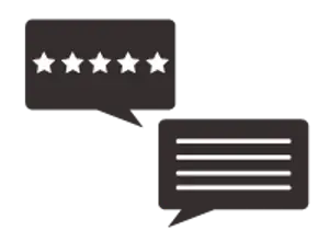 Two speech bubbles, one with five stars and the other empty
