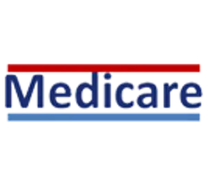 Medicare logo with a blue and white background and red and blue lines