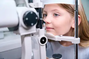 A young girl is having her eye examined using a medical ophthalmoscope in a clinic.