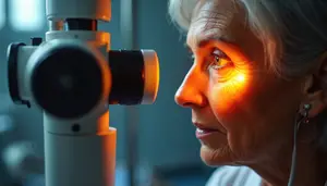 A woman with gray hair is looking through a microscope. She has an earphone in her right ear.