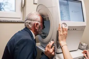Senior man in a suit getting his eyes checked with an optometrist