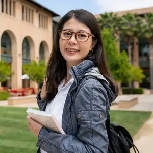 A smiling woman with glasses and a backpack is holding a book in front of a building with arched windows and trees.