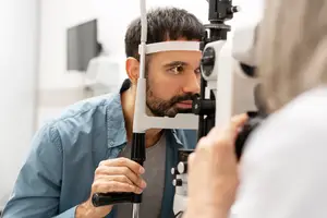 A man with a beard is having an eye exam by a doctor in a medical room