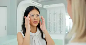 woman looking at herself in mirror at optical store