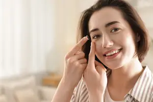 A woman is smiling and looking at something while adjusting her contact lens.