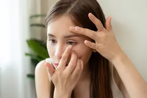 Woman looking into a mirror and trying to put in contact lenses