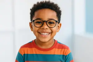 A smiling young boy with glasses posing for a picture