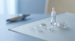 An array of contact lenses, including a pair of colored lenses, is arranged on a glass table with a glass bottle and a glass jar, suggesting a medical or pharmaceutical setting.