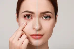 Woman with red eyes and swollen eyelid before and after treatment