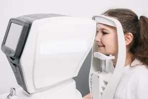 A young girl is having her eyes checked by an optometrist using an eye-tracking machine.