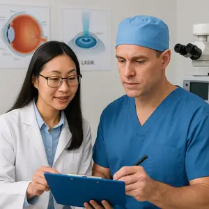 An East Asian woman wearing glasses and a white lab coat and a man wearing a blue lab coat and blue scrubs are looking at a blue folder while smiling in an office.