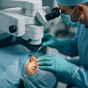 A doctor is examining a patient's eye with a microscope.