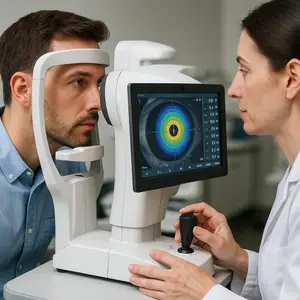 A man is getting an eye exam from a woman who is using an eye exam machine.