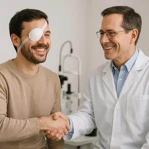 A smiling man with an eye patch shaking hands with a smiling doctor in a white lab coat.