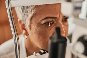 A woman is examining her eye using an ophthalmoscope, likely in a medical setting.