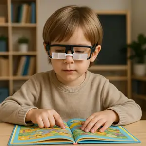 A young boy wearing glasses is sitting on a chair in front of a table, reading a book.