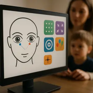 Illustration of a face with dots and lines on a computer screen with a woman and a child in the background