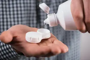 An individual is holding two contact lenses in their hand and applying contact lens solution.